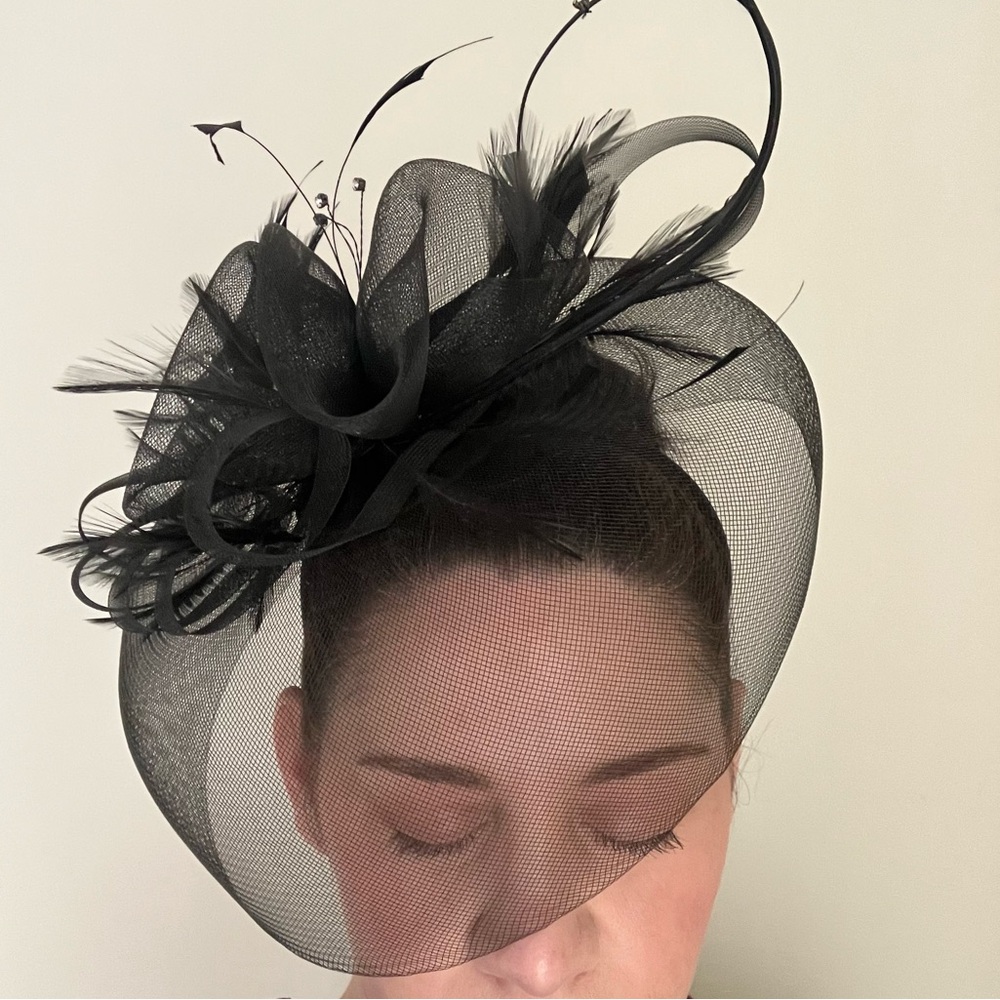 John Lewis black fascinator hat with feathers & rhinestones
